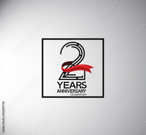 2 years anniversary logotype flat style with square and red ribbon. vector can be use for special moment event and company celebration