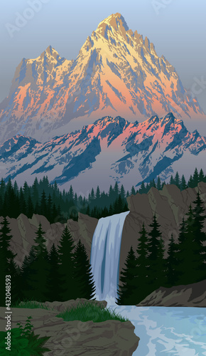 vector beautiful waterfall in evening mountains