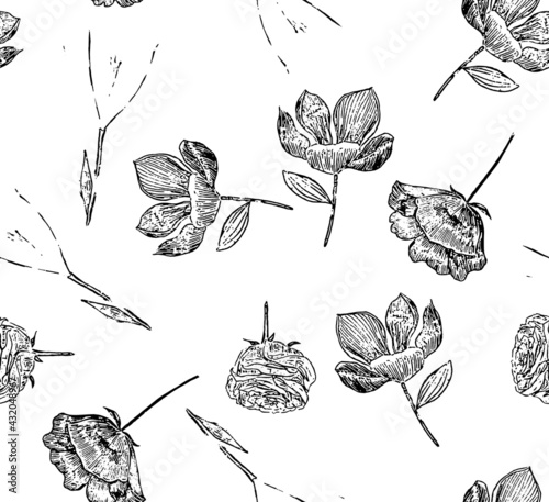 Beautiful retro, linear, lines brushed flowers Abstract seamless pattern with leaves and floral Background vector on modern style. Monochrome black and white Vintage for textile, textile, fabric, wrap