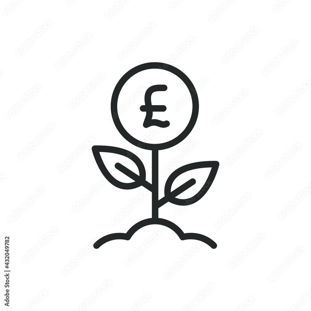 Investment icon line style. Money growth. Pound sign with plant symbol concept isolated on white background. Vector illustration Investment icon line style. Money growth. Pound sign with plant symbol concept isolated on white background. Vector illustration