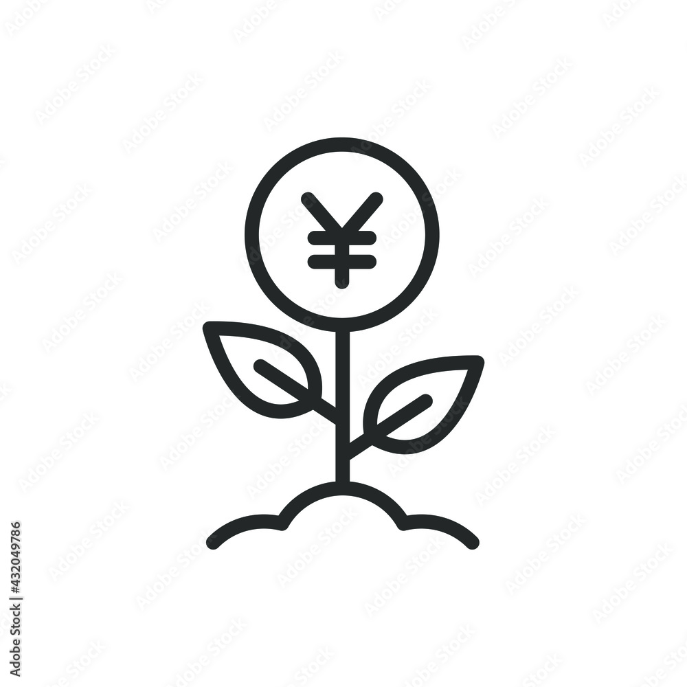 Investment icon line style. Money growth. Yuan sign with plant symbol concept isolated on white background. Vector illustration Investment icon line style. Money growth. Yuan sign with plant symbol concept isolated on white background. Vector illustration