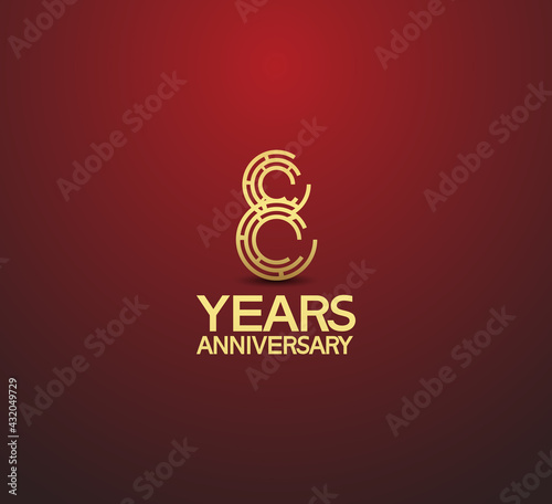 8 years golden anniversary logotype with labyrinth style number isolated on red background. vector can be use for template company celebration and special moment event