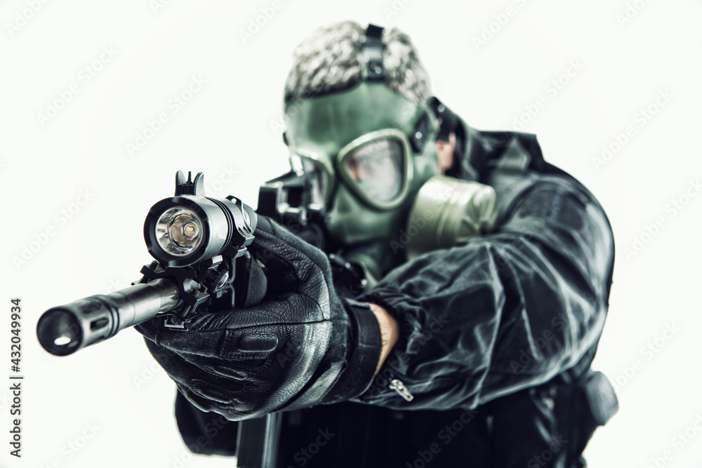 Man with Automatic Rifle wearing Gas mask Man with Automatic Rifle wearing Gas mask
