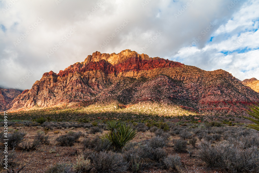 Red Rock Canyon Early Morning Sun on East Peak of Bridge Mountain with Mojave Yuccas from Pine Creek Canyon Trailhead