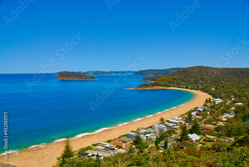 Beautiful Pearl Beach And Broken Bay are seen from the view at Mount Ettalong lookout above the New South Wale s coastal town of Pearl Beach in Australia.