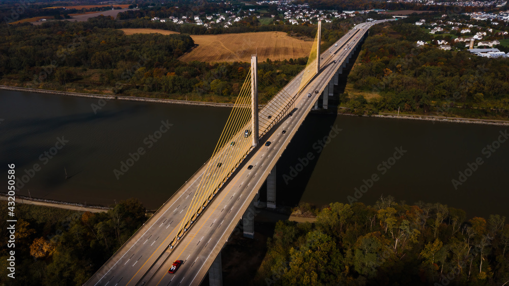 Aerial of Route 1 Cable-Stayed Suspension Bridge / Roth Bridge - Chesapeake & Delaware Canal - Delaware - obrazy, fototapety, plakaty 