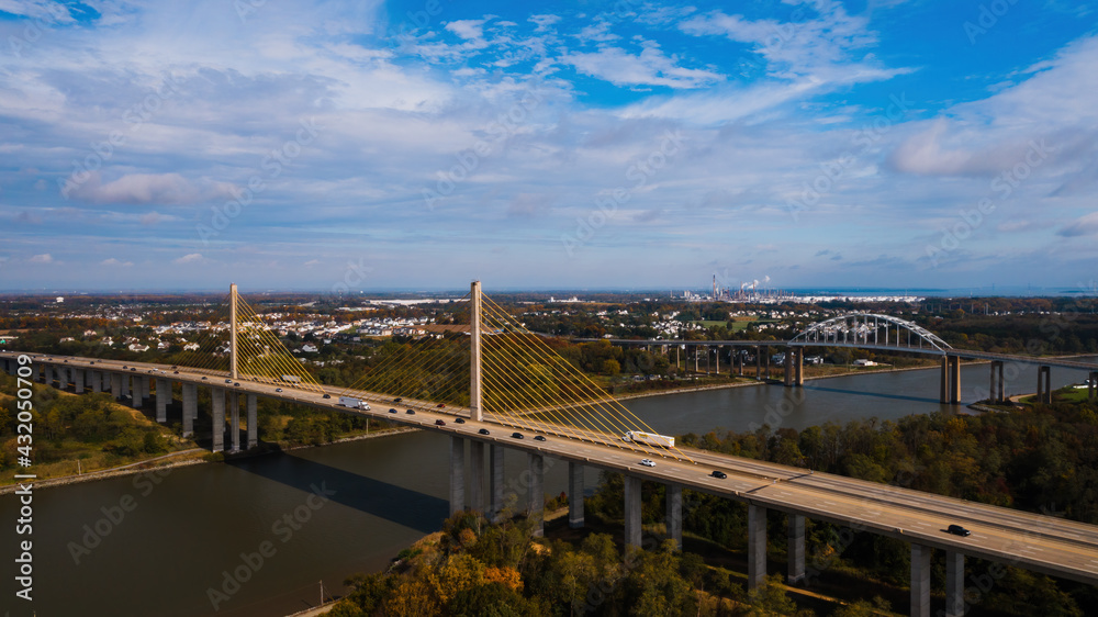 Aerial of Route 1 Cable-Stayed Suspension Bridge / Roth Bridge - Chesapeake & Delaware Canal - Delaware