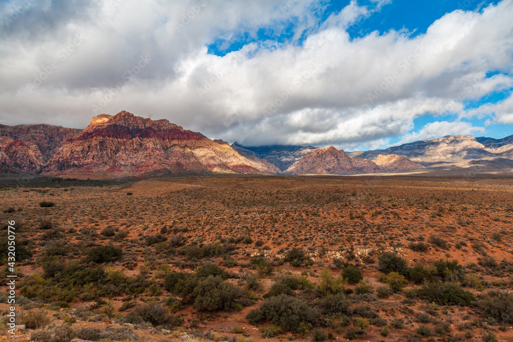 Late Morning Sun and Clouds on La Madre Mountain Range Wilderness, Bridge Mountain and White Rock Hills from Lower Red Rock Parking Area