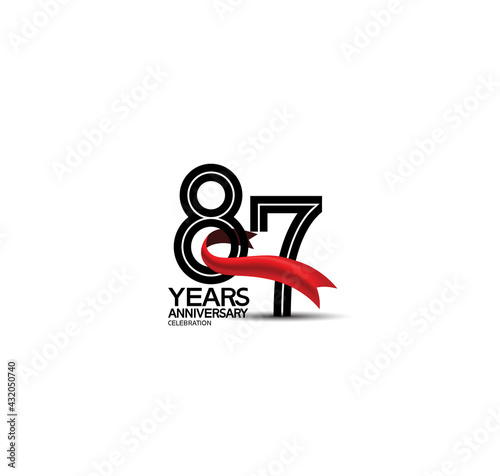 87 years anniversary logotype flat black color and red ribbon on white background. vector can be use for template company celebration and special moment event