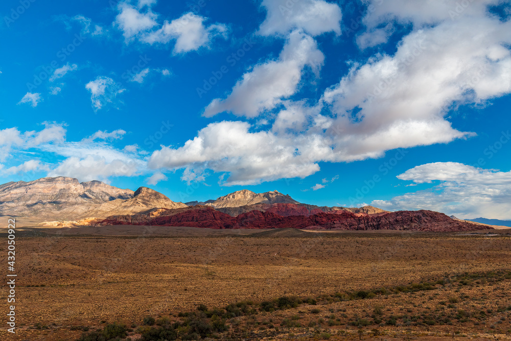 Late Morning Sun and Clouds on La Madre Mountain Range Wilderness and Calico Hills from Lower Red Rock Parking Area