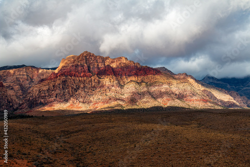 Late Morning Sun and Clouds on La Madre Mountain Range Wilderness and Bridge Mountain from Lower Red Rock Parking Area
