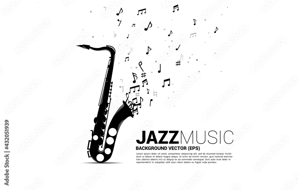 Vector music melody note flow from saxophone. Concept background for jazz song and concert theme. - obrazy, fototapety, plakaty 