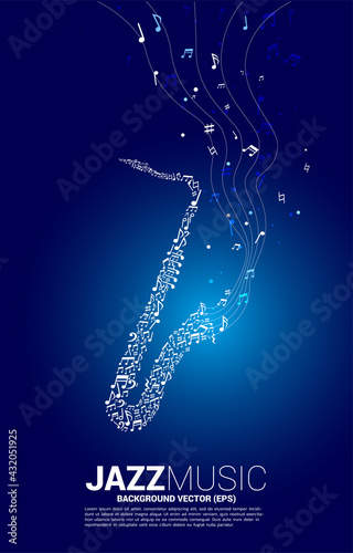 Vector saxophone from music melody note flow. Concept background for jazz song and concert theme.