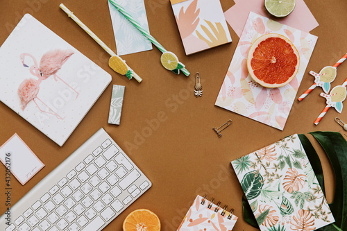 Creative summer workspace with notebooks, supplies .Flat lay. Blogger background.