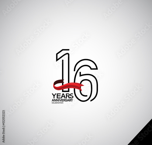 16 years anniversary logotype simple design with red ribbon can be use for greeting card, invitation and company celebration moment