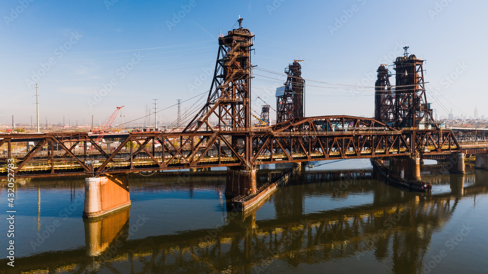 Aerials of Rusty Pennsylvania Railroad Harsimus Branch & NJ Route 7 Lift Bridges - Hackensack River - New Jersey