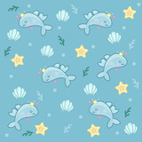 Cute marine pattern with dolphins, shells and starfish on a blue background.
