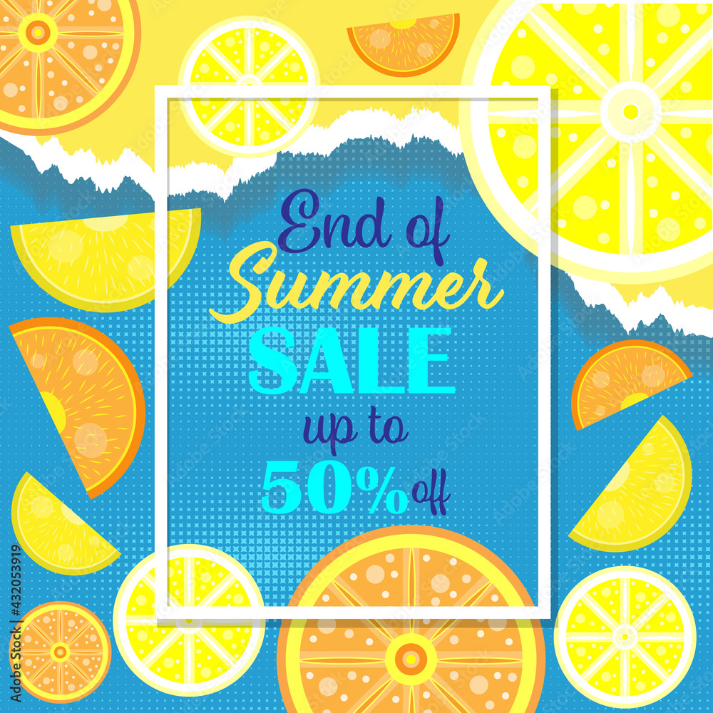 Banner Summer Sale. Background with the effect of torn paper in blue and yellow colors. With lemon and orange slices 3