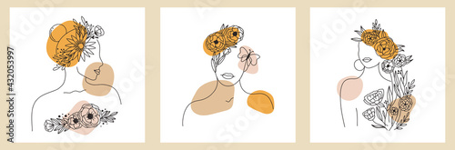 Abstract set line Woman face, silhouette, floral elements