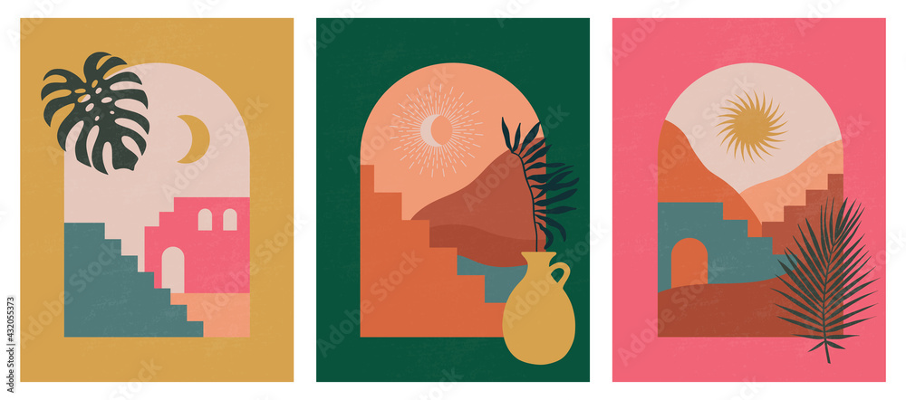 Modern abstract aesthetic illustrations. Bohemian style wall decor