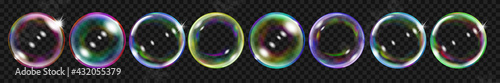 Set of several translucent colored soap bubbles for use on dark background. Transparency only in vector format
