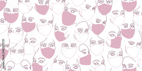 Background of female faces in protective medical masks drawn with one continuous line. Minimalistic abstract portraits of beautyful women. Modern fashion concept. In pink colors
