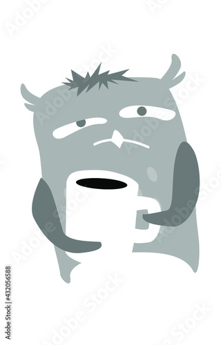 Hard morning. Sleeping owl with a mug of coffee. Vector image for logo, prints or illustrations.