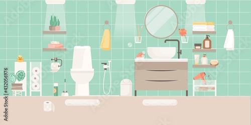 Interior of a light modern toilet. Modern sink table, mirror and bath towels flat vector illustration. Empty bath room