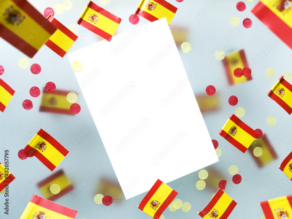 Spain Day. Religious holiday Holy Virgin Pilar. National flags foggy background. concept memory, freedom, and patriotism. October 12 Spain Day. Religious holiday Holy Virgin Pilar. National flags foggy background. concept memory, freedom, and patriotism. October 12