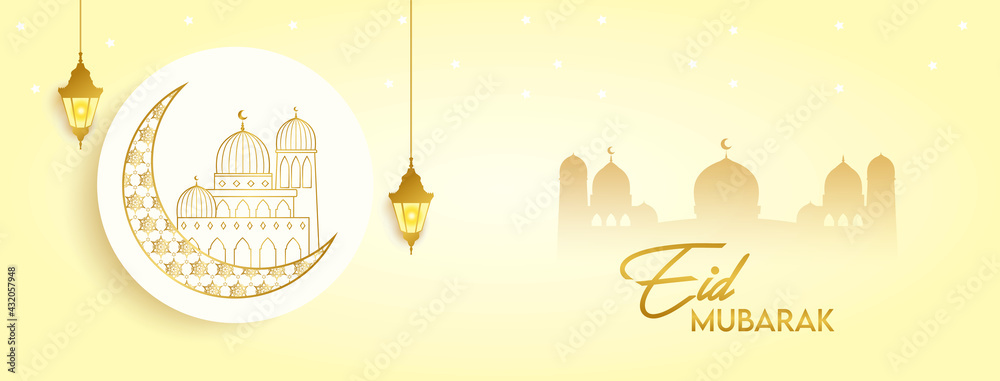 Naklejka premium Eid Mubarak celebrate banner cover greeting card post holiday, golden color design