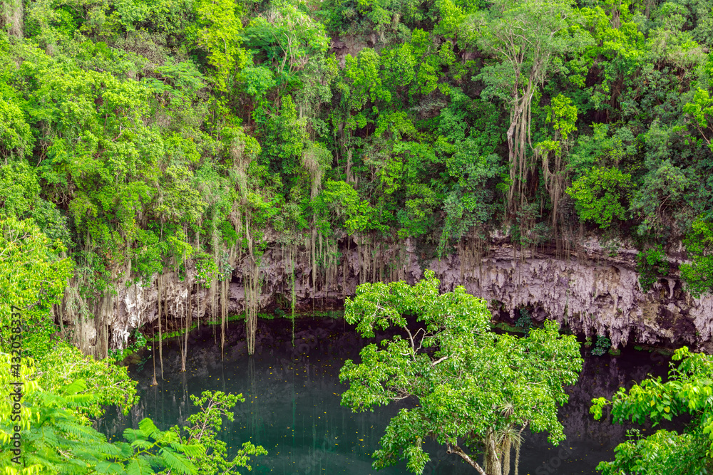 A small lake in a public park surrounded by tall green trees. Top view of the Dominican Republic. A small lake in a public park surrounded by tall green trees. Top view of the Dominican Republic.