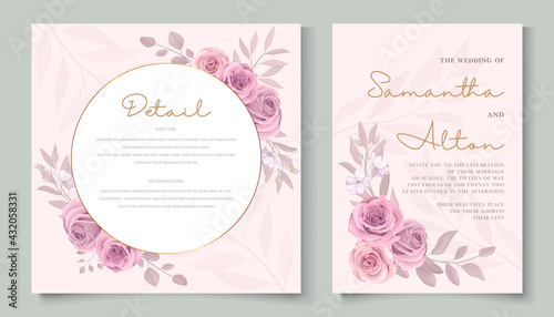 Hand drawn blooming rose flower wedding card design