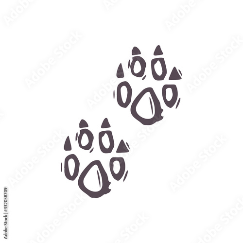 Hand carved bold block print fox paw icon clip art. Folk illustration design element. Modern boho decorative linocut. Ethnic muted natural tones. Isolated rustic vector motif. 