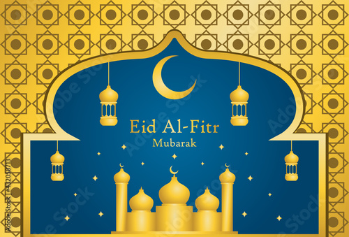 eid mubarak background design in gold and blue colors.