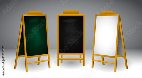 set of realistic wooden easel or wood easels painting or art boards canvas in different size dimension vertical and horizontal or mock up canvas painting concept