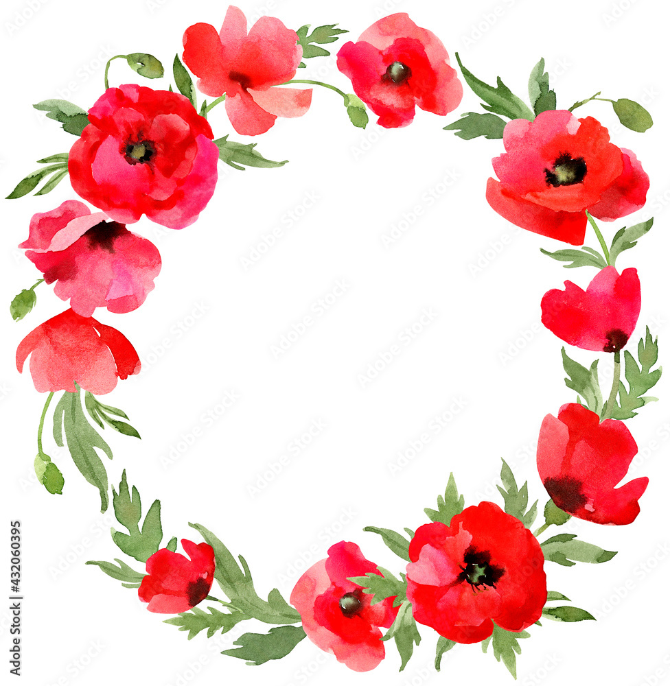 Fototapeta premium Red poppies wreath. Hand drawn watercolor flowers border on white background. Invitation card template