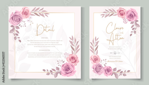 Hand drawn blooming rose flower wedding card design
