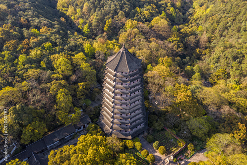 Aerial view of Liuheta Culture Park, Liuhe Tower in Hangzhou, China photo