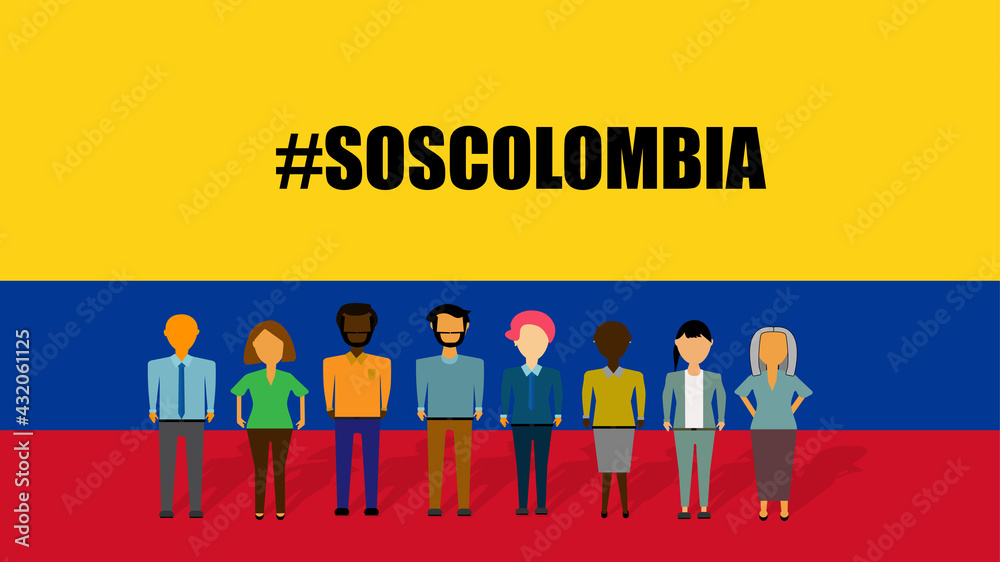 Illustration of a group of people of different ethnic group, demonstrating against violence. In the background the colors of the flag of Colombia. Written in English: #SOSCOLOMBIA Illustration of a group of people of different ethnic group, demonstrating against violence. In the background the colors of the flag of Colombia. Written in English: #SOSCOLOMBIA