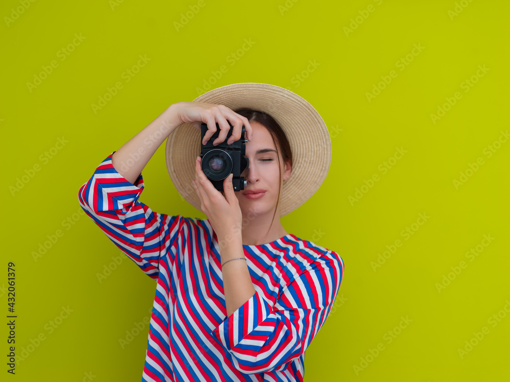 Portrait of beautiful female photographer shooting close up Portrait of beautiful female photographer shooting close up