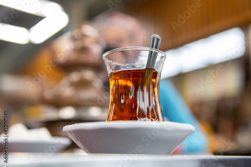 Turkish tea in traditional glass in cafe