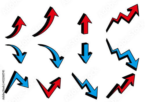 上向きの矢印と下向きの矢印　赤青　セットイラスト