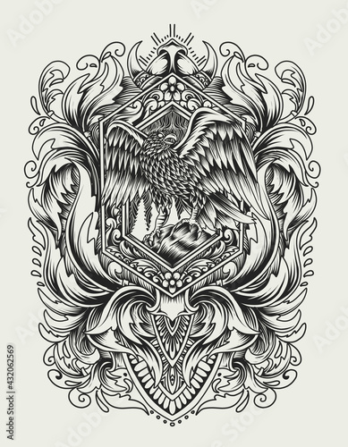Illustration vector Eagle bird with vintage engraving ornament