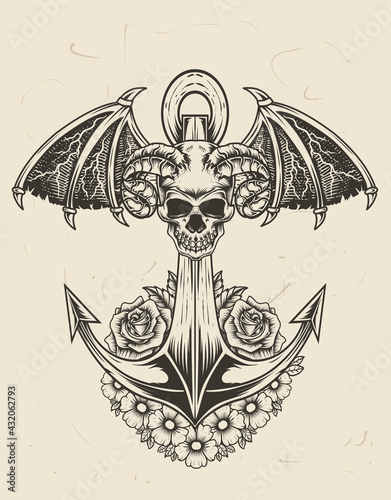 illustration vector vintage anchor ship with demon skull flower