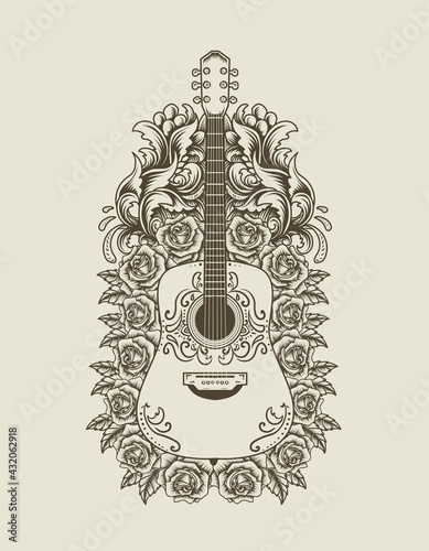 illustration vector acoustic guitar with flower ornament
