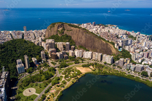 Fototapeta Naklejka Na Ścianę i Meble -  Aerial View of Rio de Janeiro Landscape, Copacabana, Cantagalo Mountain, and the Ocean