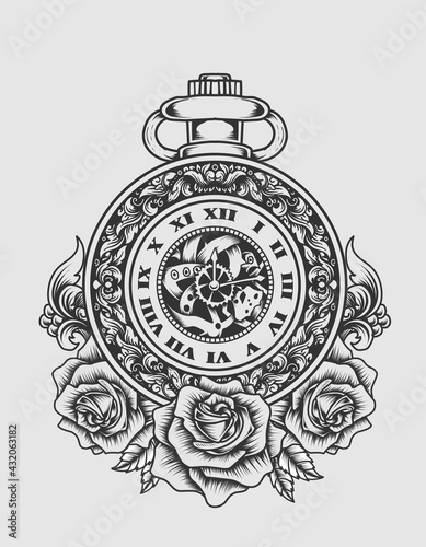 illustration vector antique clock with rose flower photo