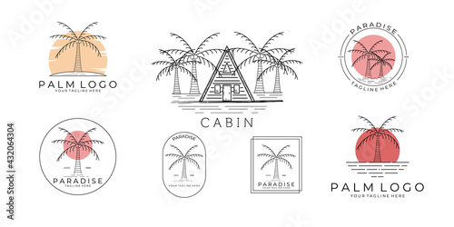 set / bundle nature palm tree logo vector coconut line art minimalist illustration design