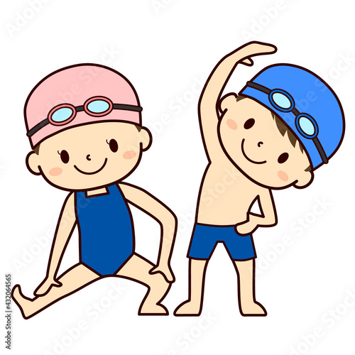 準備運動するスクール水着の子ども（男の子・女の子）