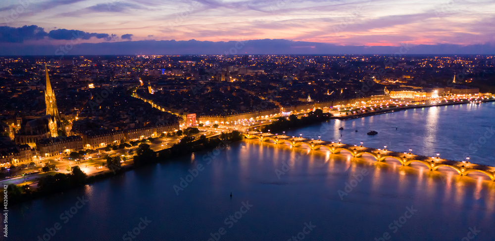 Night view from the drone on the Bordeaux. France. High quality photo